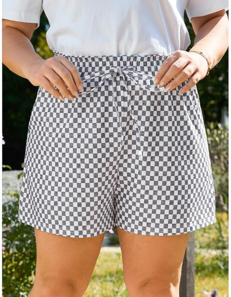 Gray Checkerboard Lace-Up High Waist Plus Size Casual Shorts