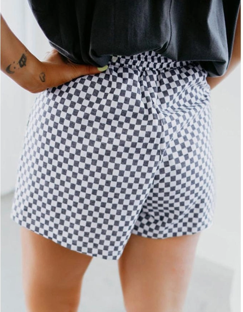 Gray Checkerboard Lace-Up High Waist Plus Size Casual Shorts