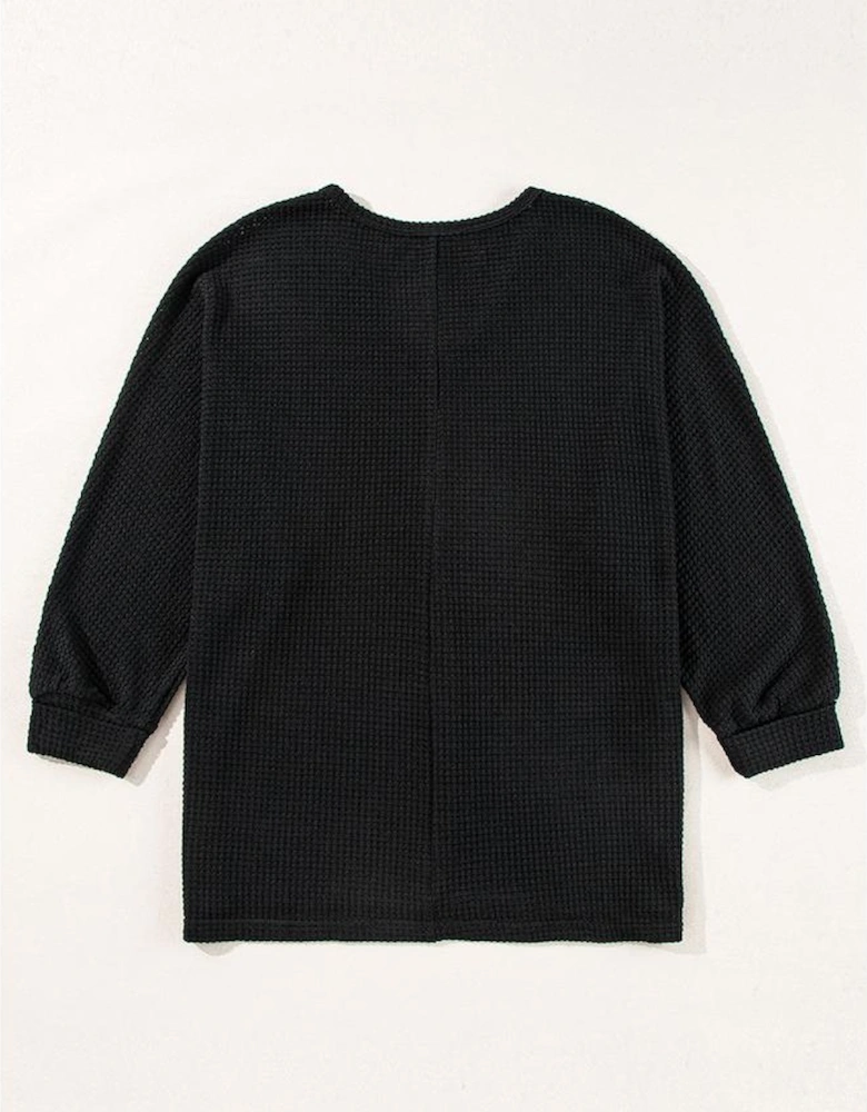 Black Waffle Knit Side Slits Loose Fit V Neck Top