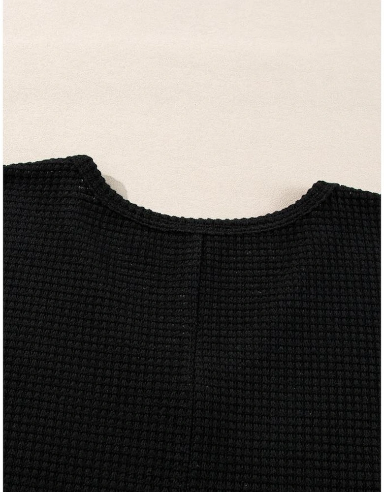 Black Waffle Knit Side Slits Loose Fit V Neck Top