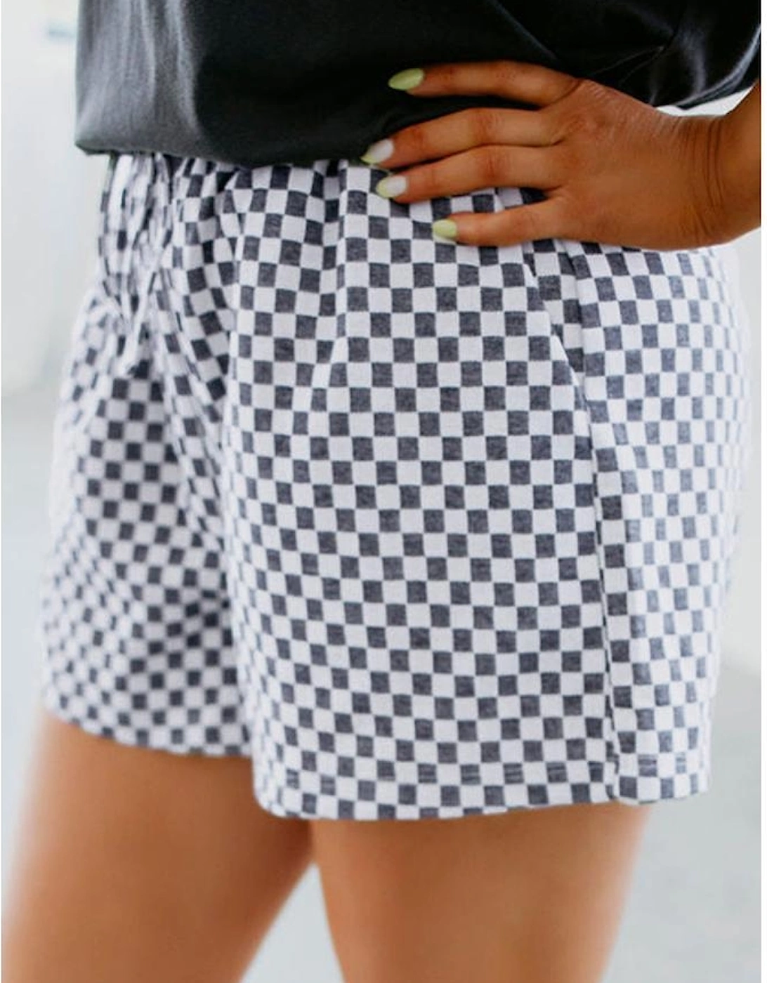Gray Checkerboard Lace-Up High Waist Plus Size Casual Shorts