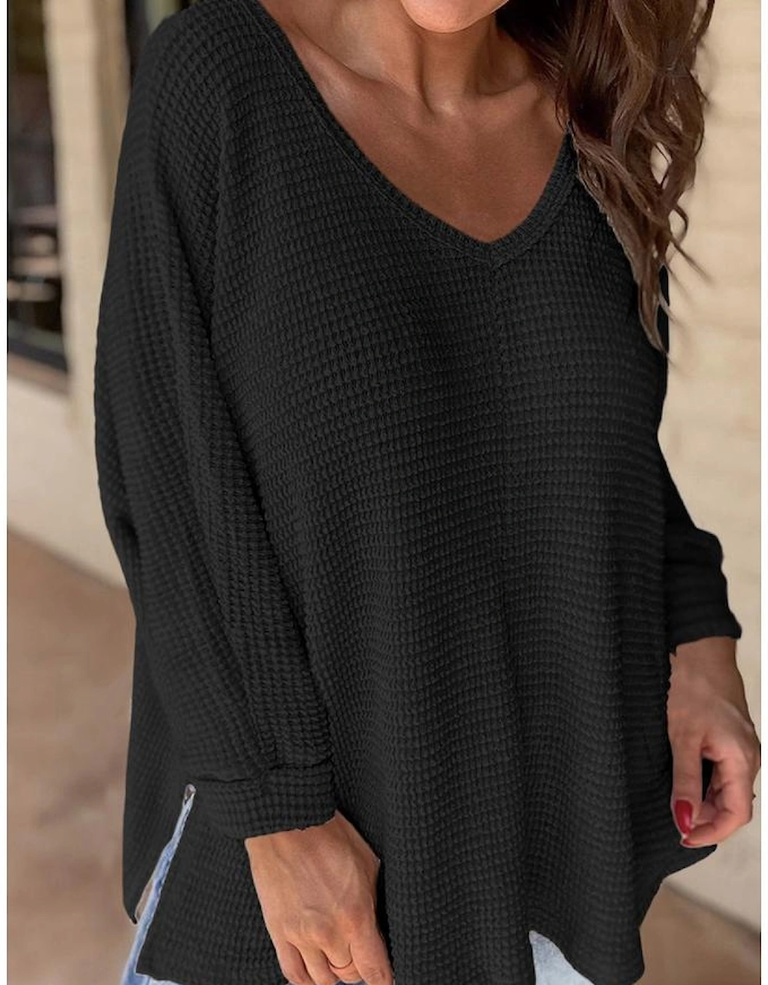 Black Waffle Knit Side Slits Loose Fit V Neck Top