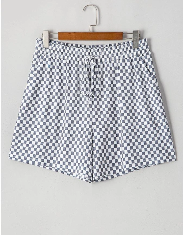 Gray Checkerboard Lace-Up High Waist Plus Size Casual Shorts