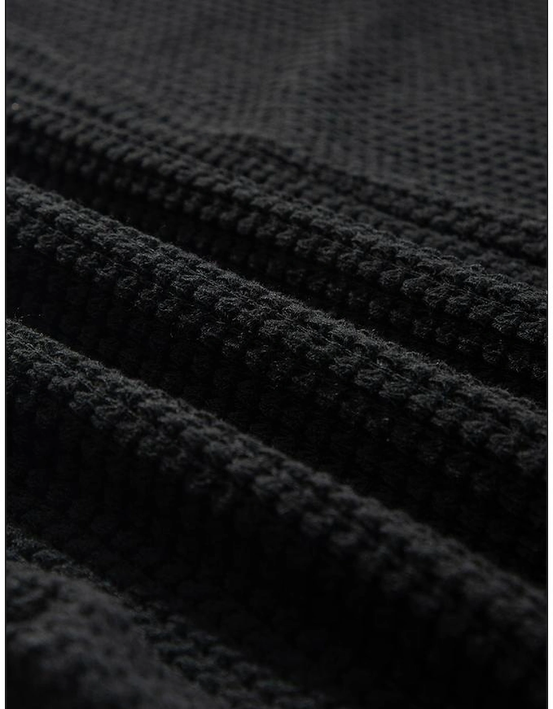 Black Waffle Knit Side Slits Loose Fit V Neck Top