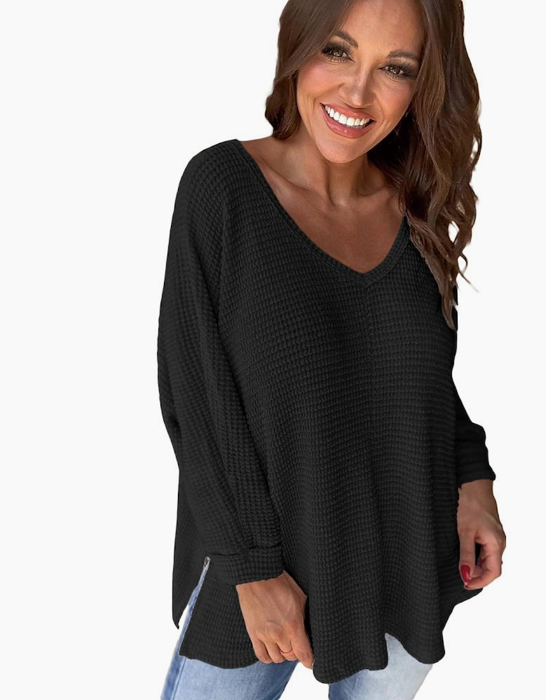 Black Waffle Knit Side Slits Loose Fit V Neck Top