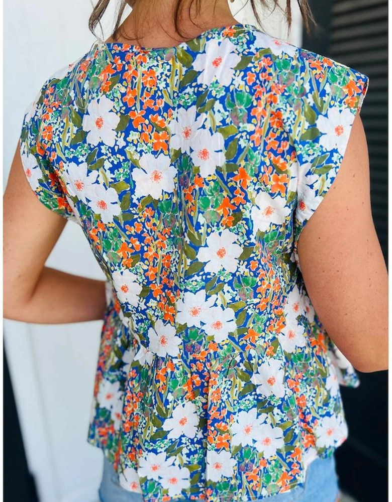 Green Floral Print Bow Applique Slit Sleeveless Peplum Blouse