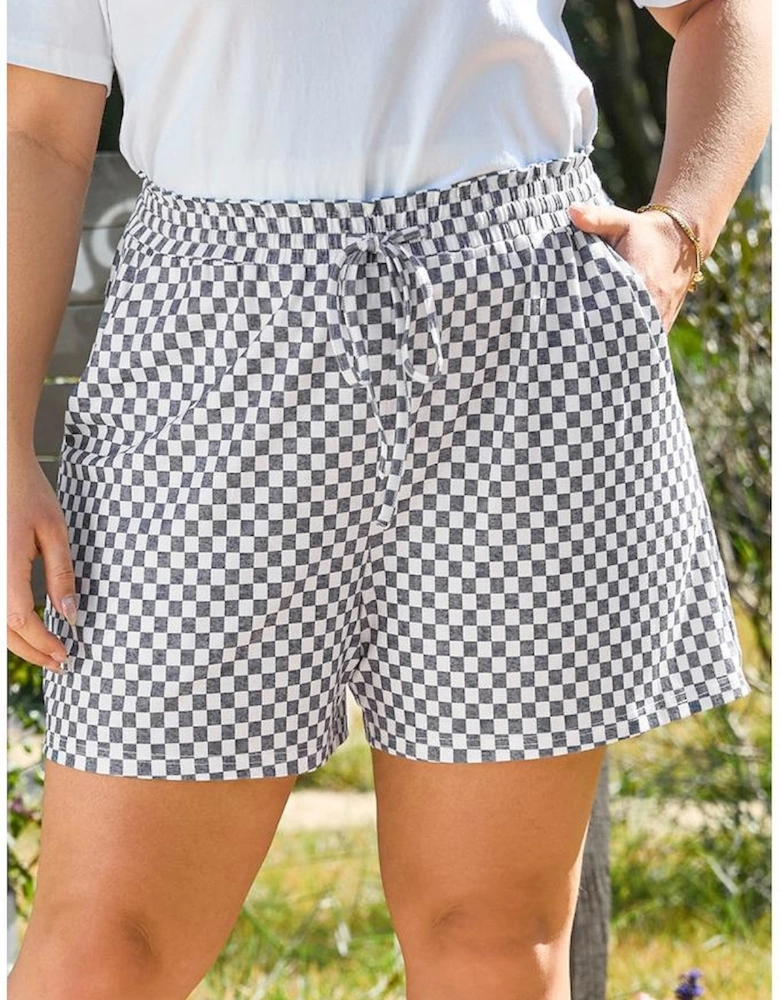 Gray Checkerboard Lace-Up High Waist Plus Size Casual Shorts