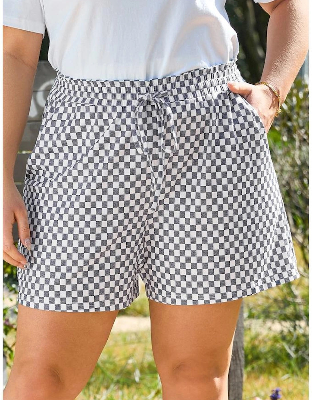 Gray Checkerboard Lace-Up High Waist Plus Size Casual Shorts