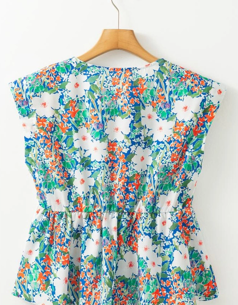 Green Floral Print Bow Applique Slit Sleeveless Peplum Blouse