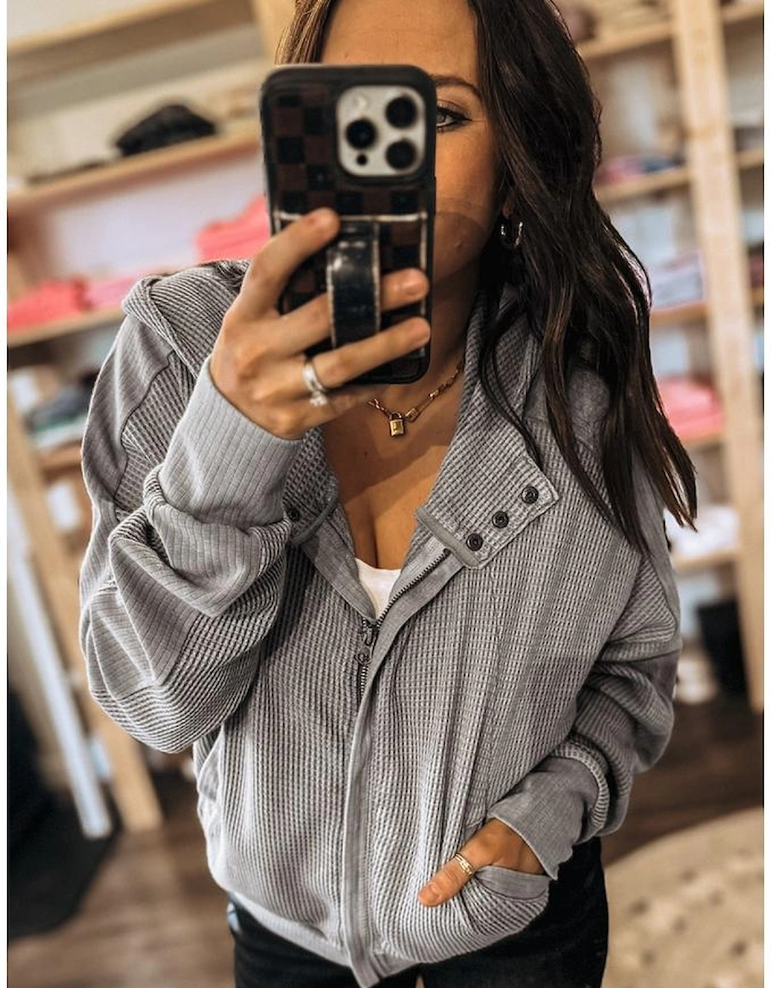 Gray Waffle Splicing Zip Up Front Button Hooded Jacket