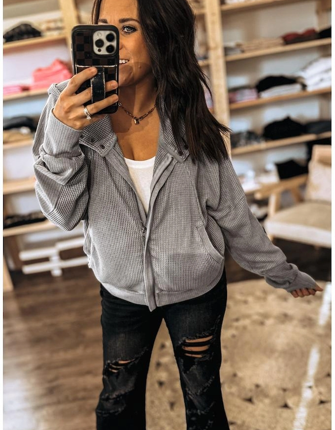 Gray Waffle Splicing Zip Up Front Button Hooded Jacket