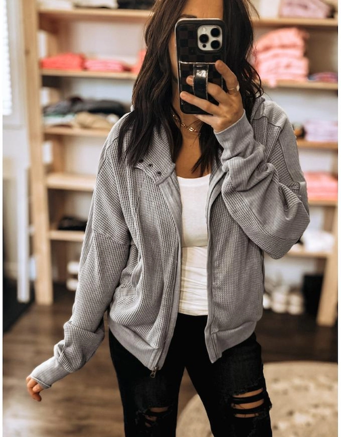 Gray Waffle Splicing Zip Up Front Button Hooded Jacket