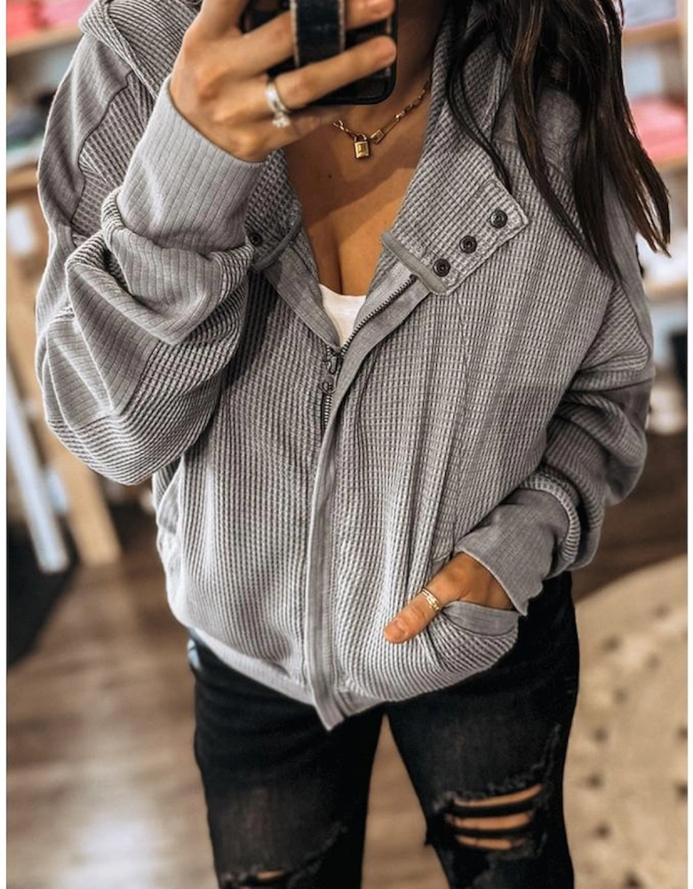 Gray Waffle Splicing Zip Up Front Button Hooded Jacket