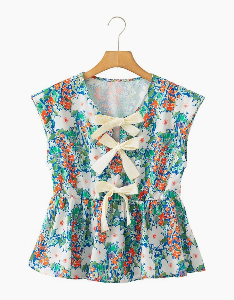 Green Floral Print Bow Applique Slit Sleeveless Peplum Blouse