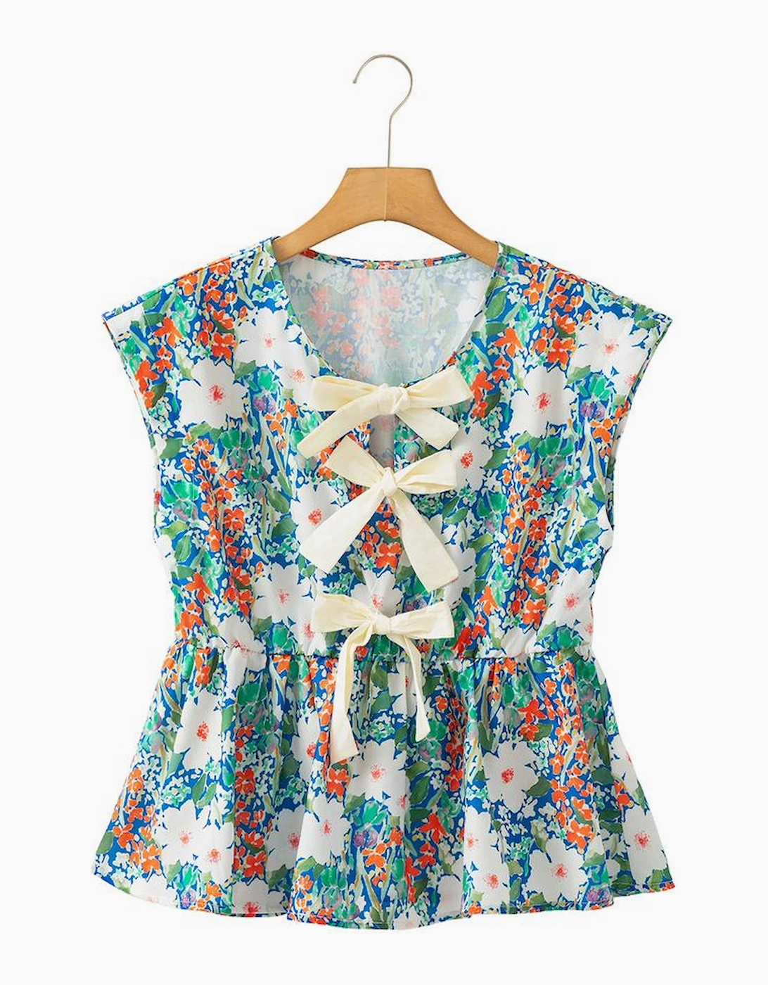 Green Floral Print Bow Applique Slit Sleeveless Peplum Blouse