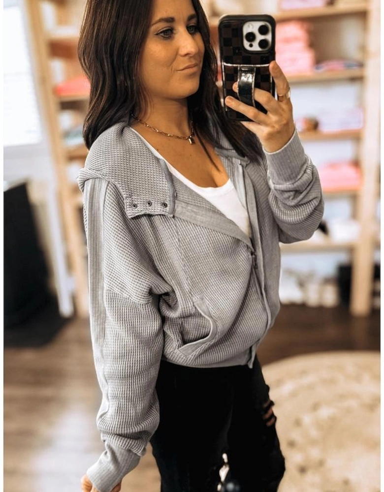 Gray Waffle Splicing Zip Up Front Button Hooded Jacket