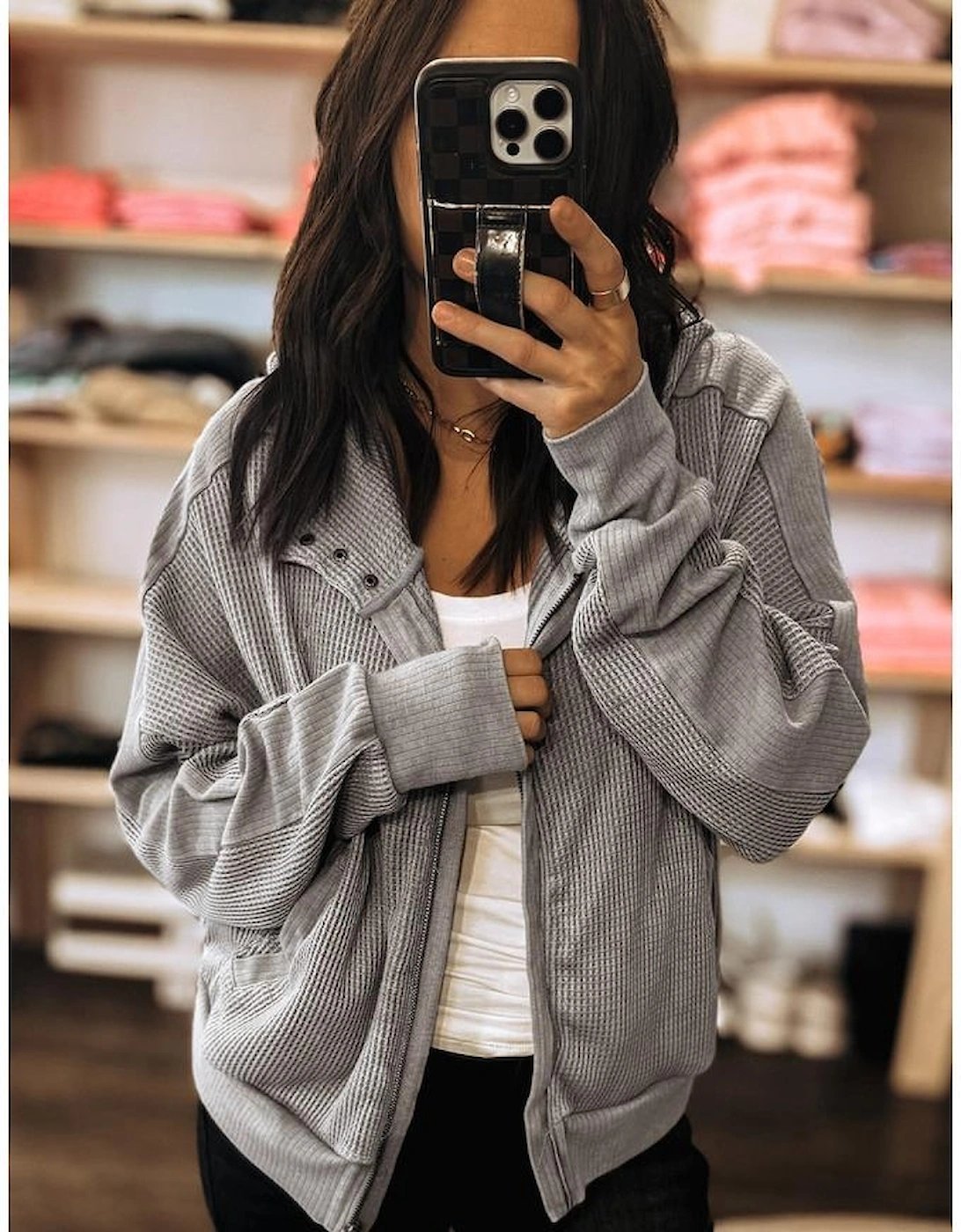 Gray Waffle Splicing Zip Up Front Button Hooded Jacket