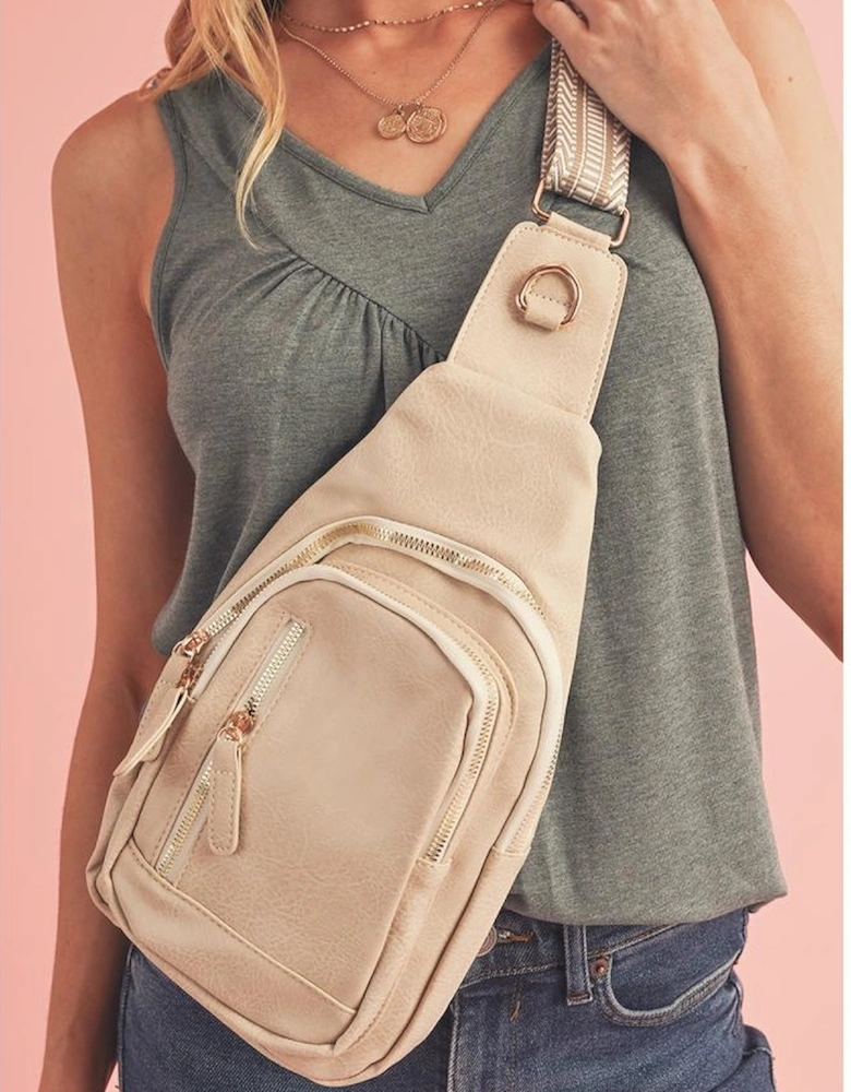 Beige Vintage PU Leather Zipped Crossbody Bag
