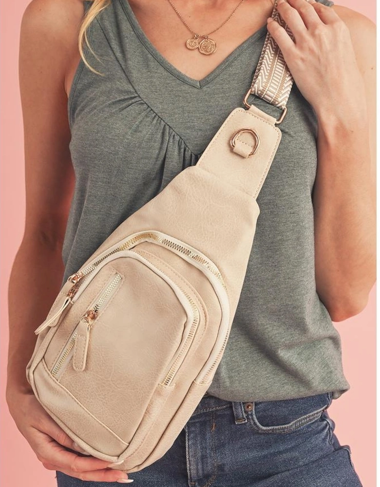 Beige Vintage PU Leather Zipped Crossbody Bag