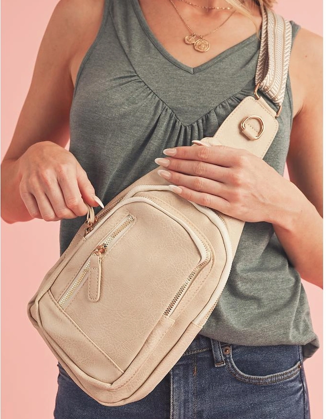 Beige Vintage PU Leather Zipped Crossbody Bag