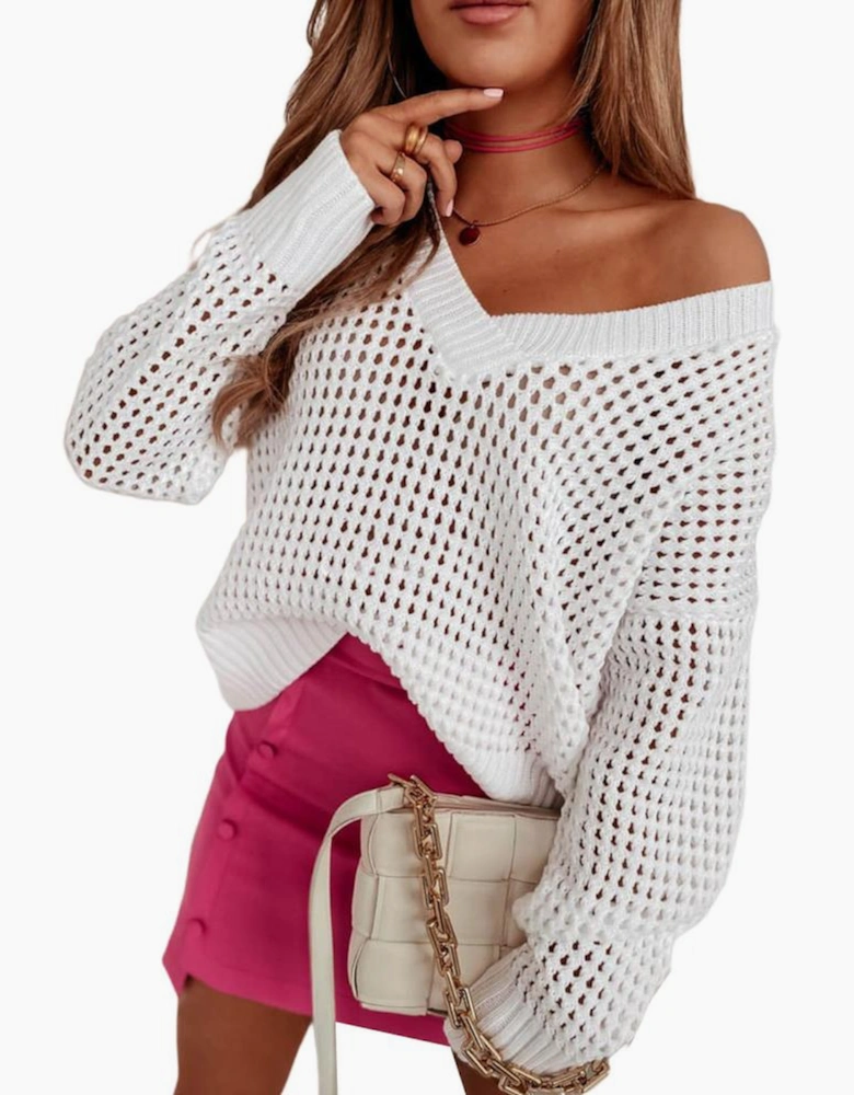 White Hollow Out Knitted Loose Fit V Neck Sweater