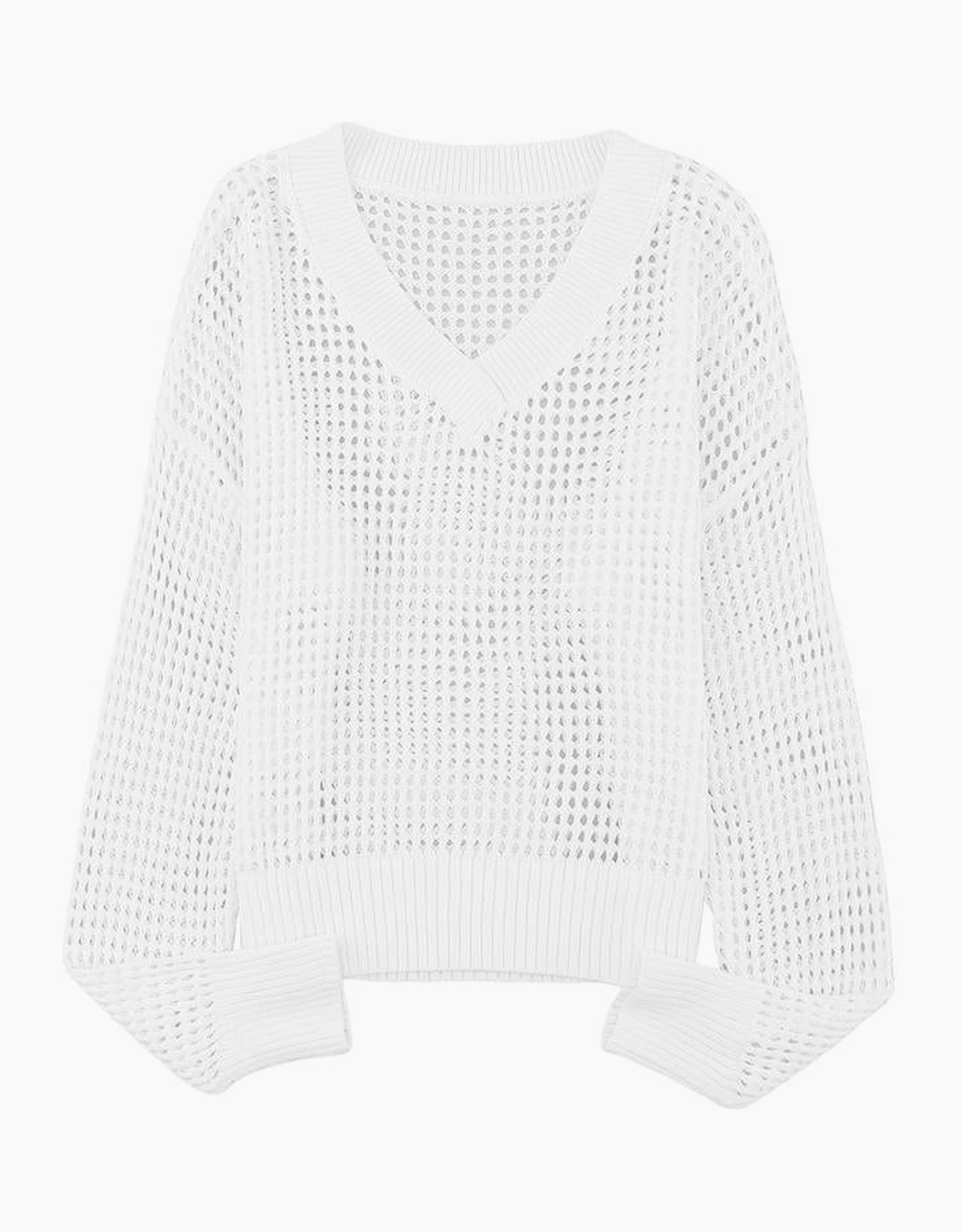White Hollow Out Knitted Loose Fit V Neck Sweater