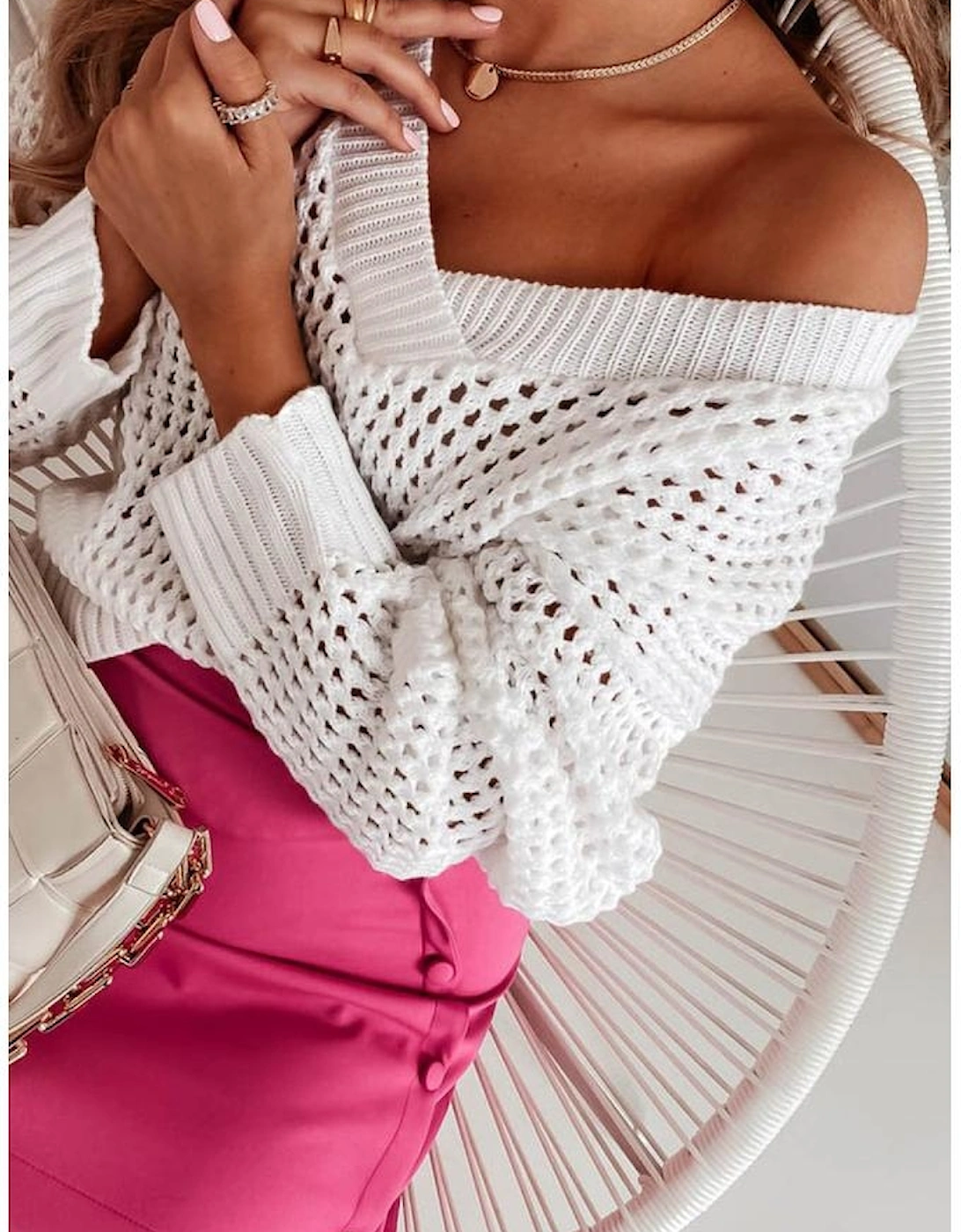 White Hollow Out Knitted Loose Fit V Neck Sweater