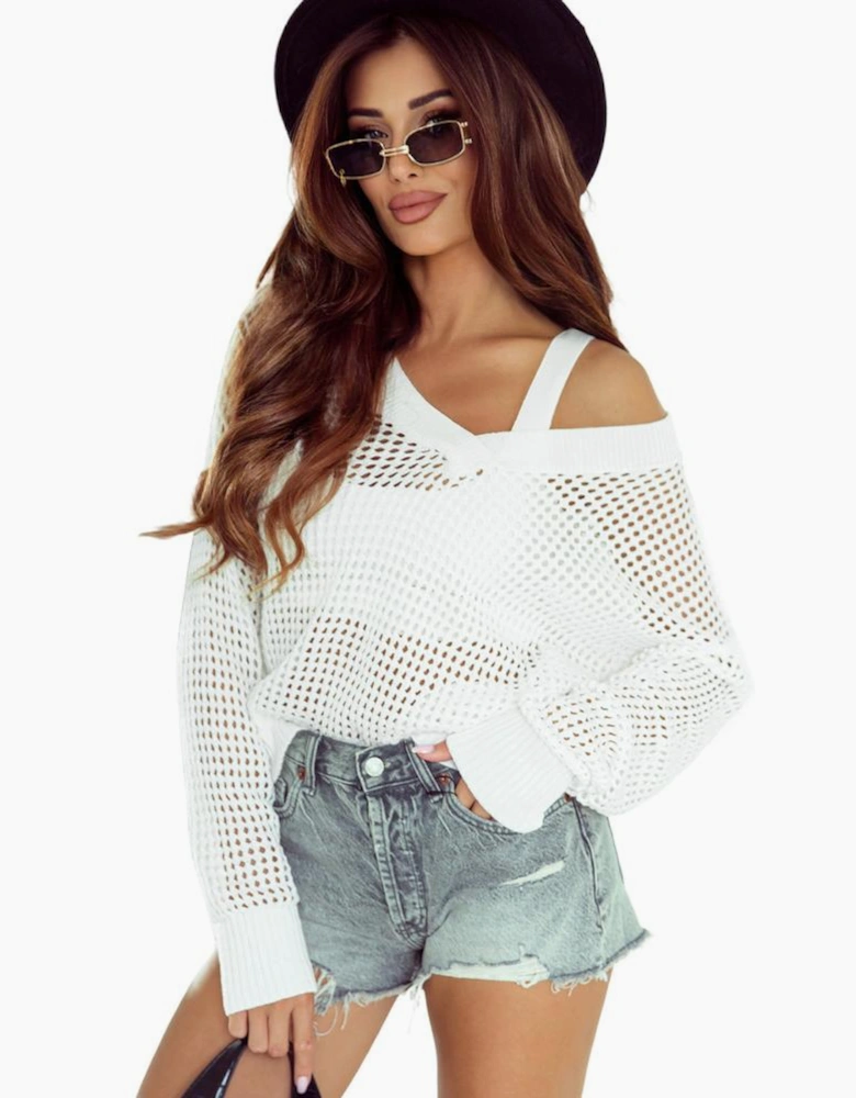 White Hollow Out Knitted Loose Fit V Neck Sweater