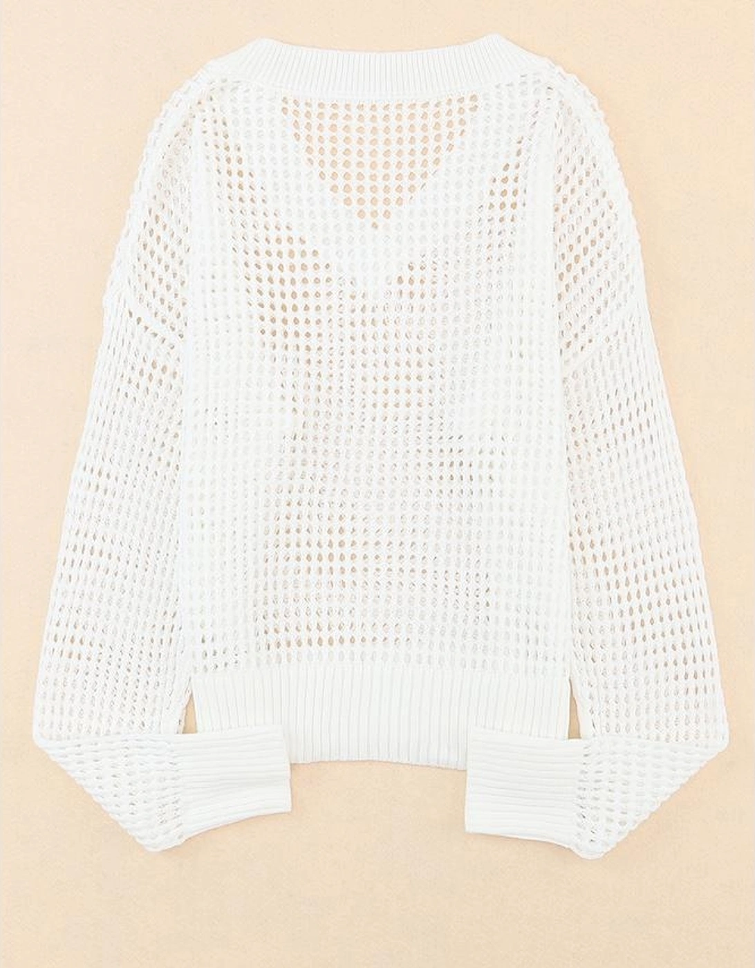White Hollow Out Knitted Loose Fit V Neck Sweater