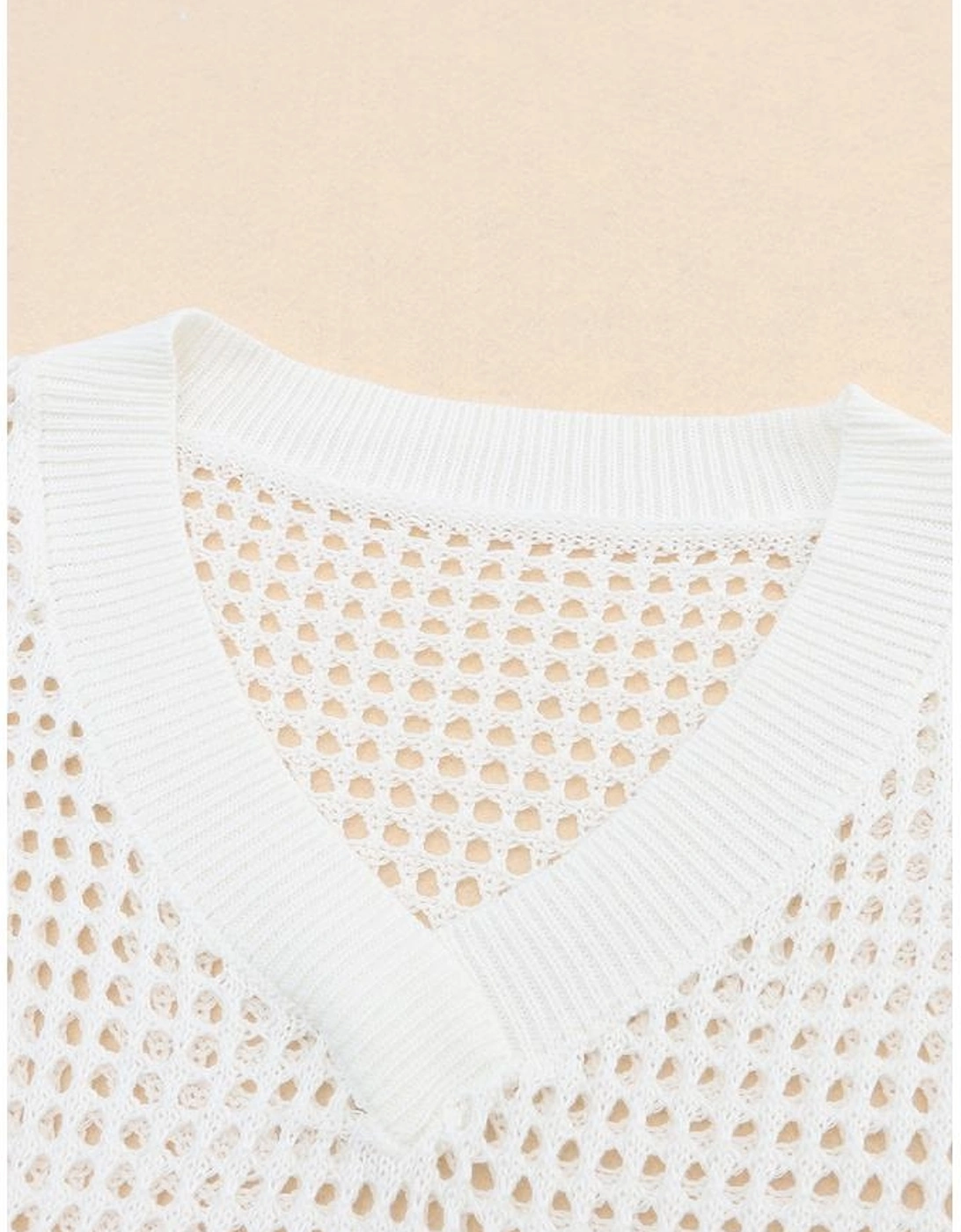 White Hollow Out Knitted Loose Fit V Neck Sweater