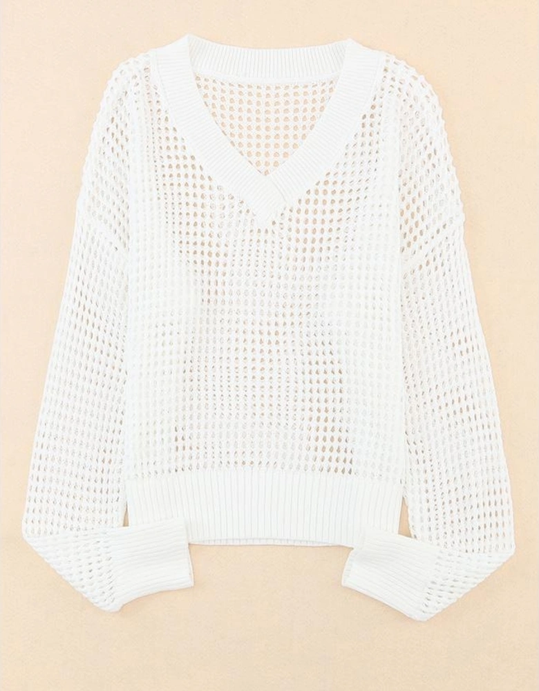 White Hollow Out Knitted Loose Fit V Neck Sweater
