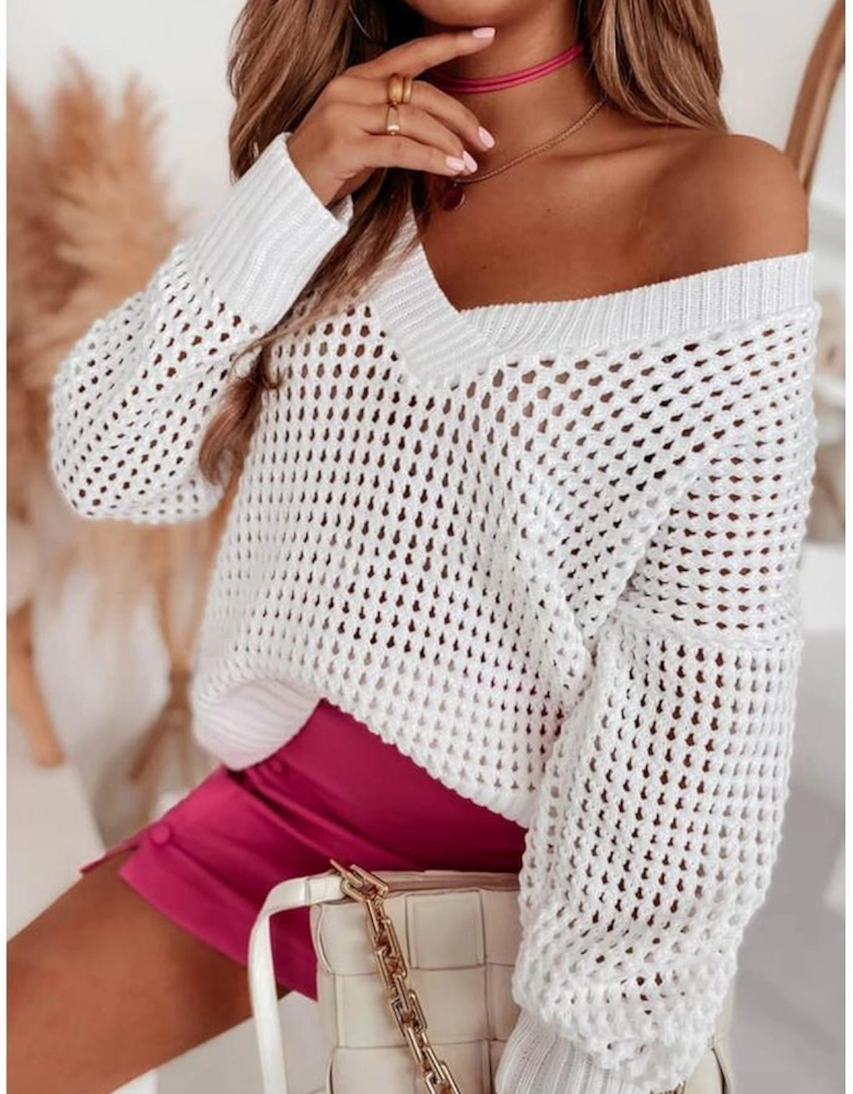 White Hollow Out Knitted Loose Fit V Neck Sweater