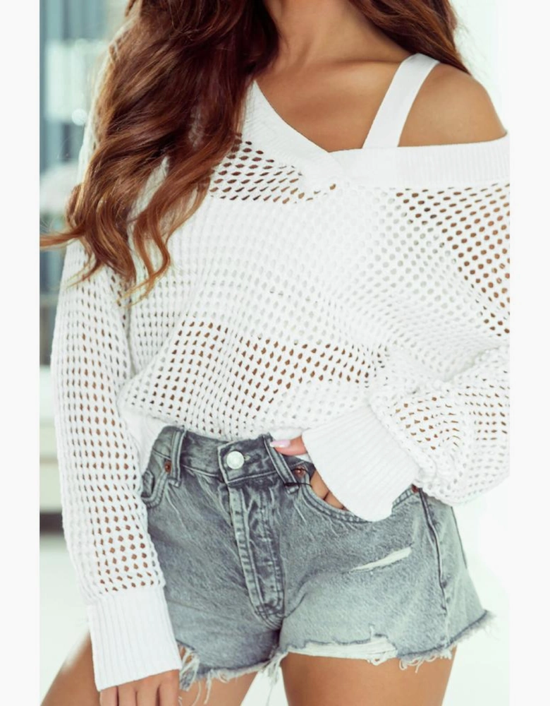 White Hollow Out Knitted Loose Fit V Neck Sweater