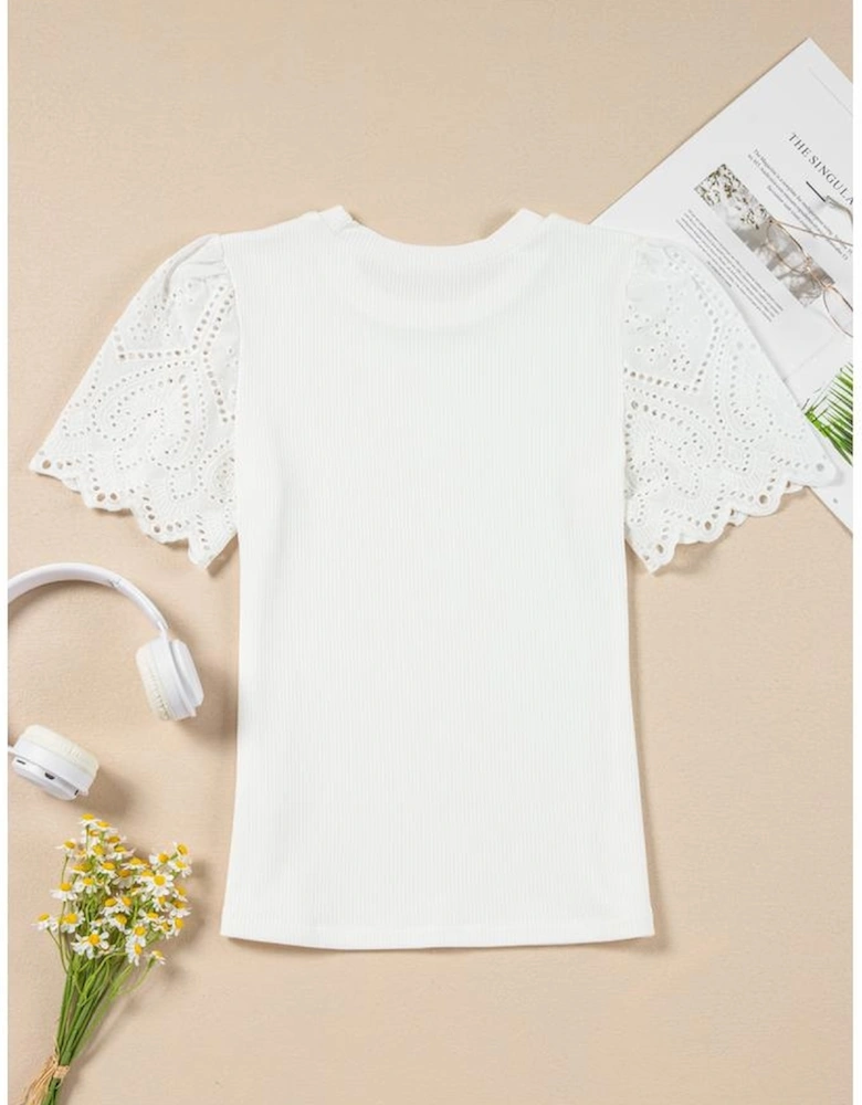 White Eyelet Pattern Short Sleeve Patchwork Ribbed Top