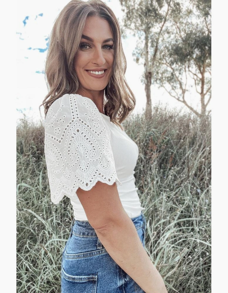 White Eyelet Pattern Short Sleeve Patchwork Ribbed Top