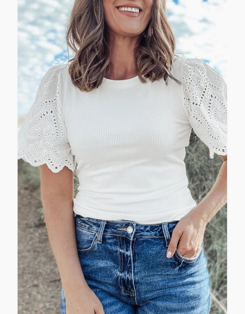 White Eyelet Pattern Short Sleeve Patchwork Ribbed Top