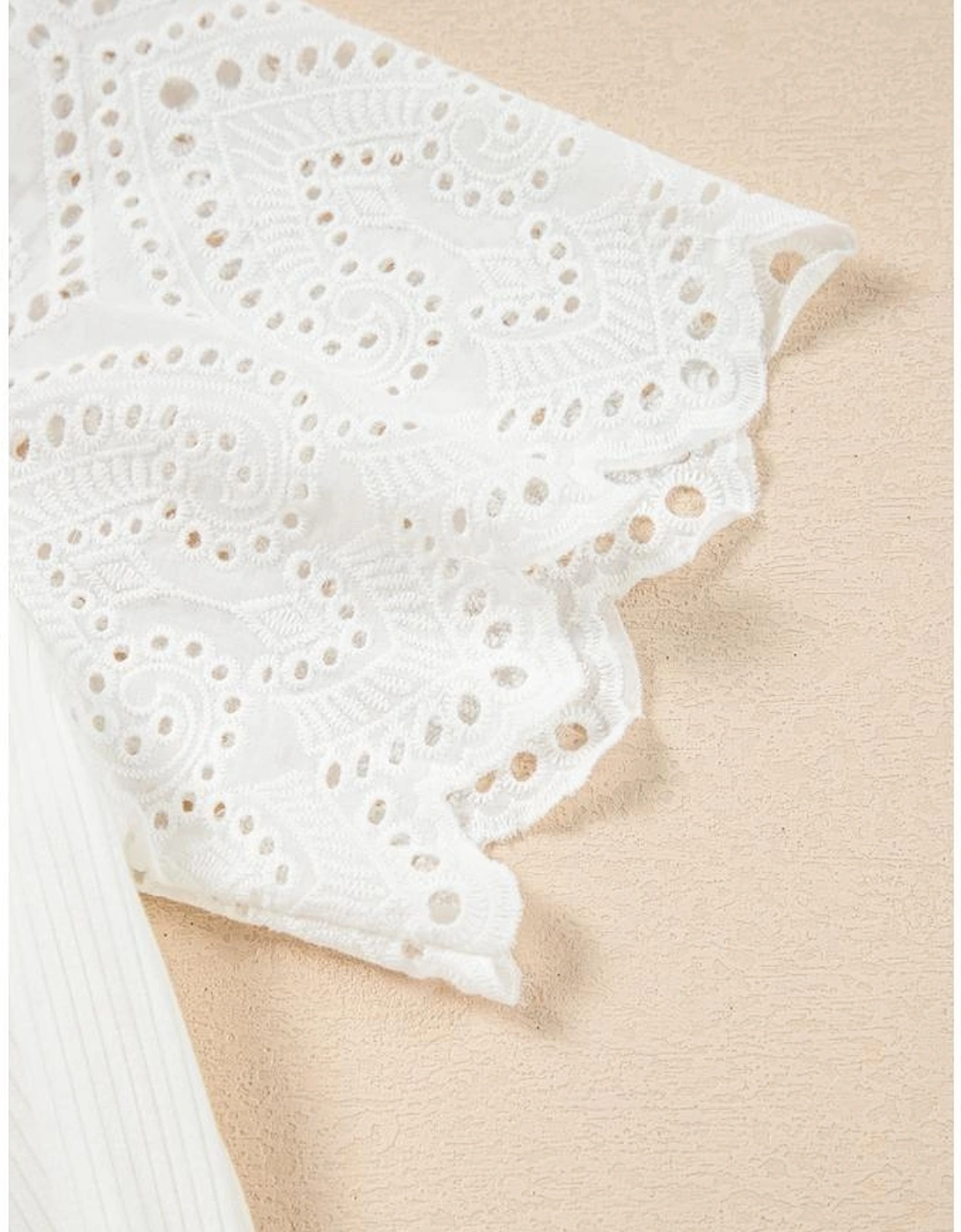 White Eyelet Pattern Short Sleeve Patchwork Ribbed Top