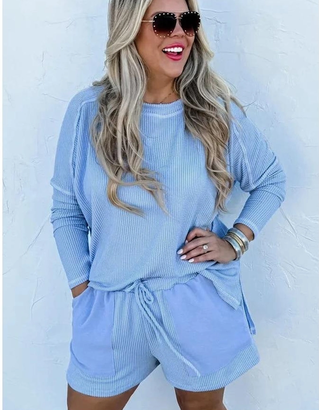 Light Blue Plus Size Ribbed Long Sleeve Top and Drawstring Shorts Set