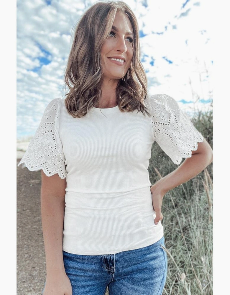 White Eyelet Pattern Short Sleeve Patchwork Ribbed Top
