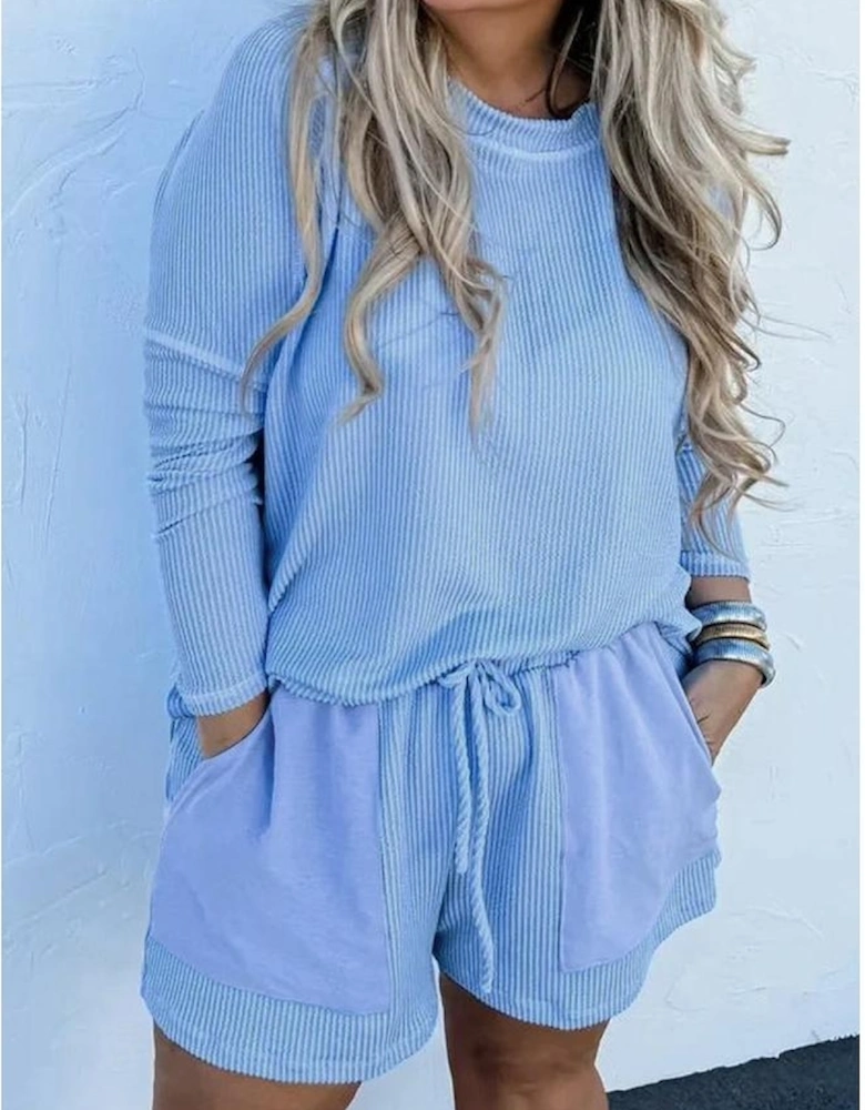 Light Blue Plus Size Ribbed Long Sleeve Top and Drawstring Shorts Set
