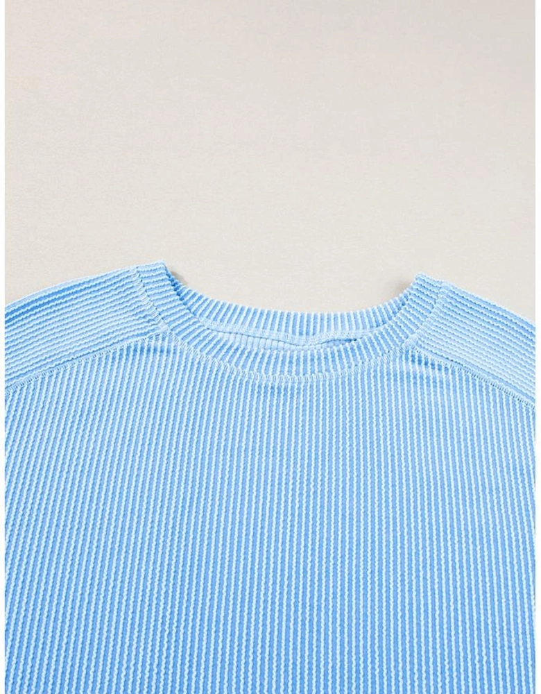 Light Blue Plus Size Ribbed Long Sleeve Top and Drawstring Shorts Set