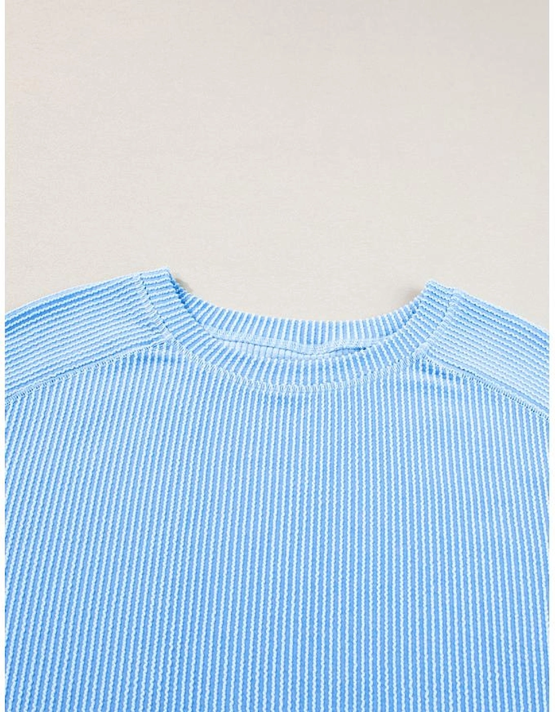 Light Blue Plus Size Ribbed Long Sleeve Top and Drawstring Shorts Set