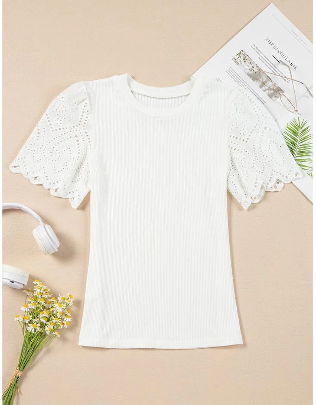 White Eyelet Pattern Short Sleeve Patchwork Ribbed Top