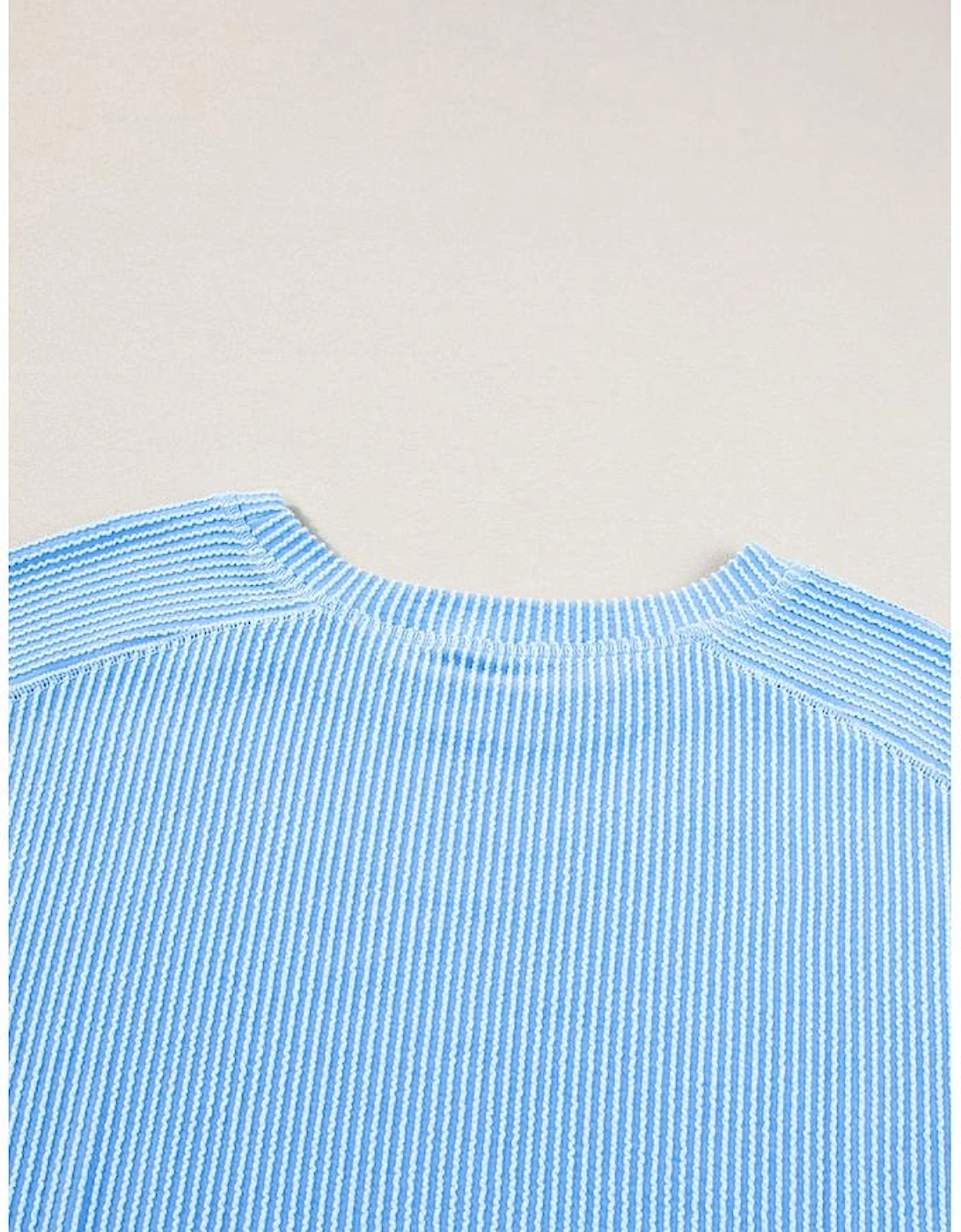 Light Blue Plus Size Ribbed Long Sleeve Top and Drawstring Shorts Set