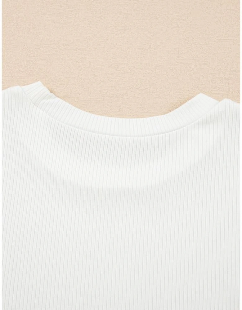 White Eyelet Pattern Short Sleeve Patchwork Ribbed Top