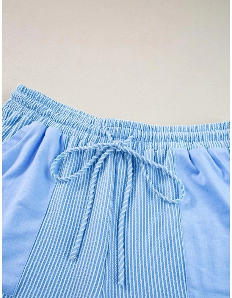 Light Blue Plus Size Ribbed Long Sleeve Top and Drawstring Shorts Set