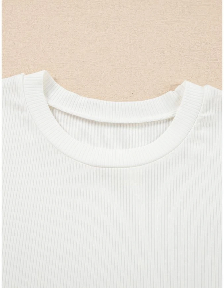 White Eyelet Pattern Short Sleeve Patchwork Ribbed Top