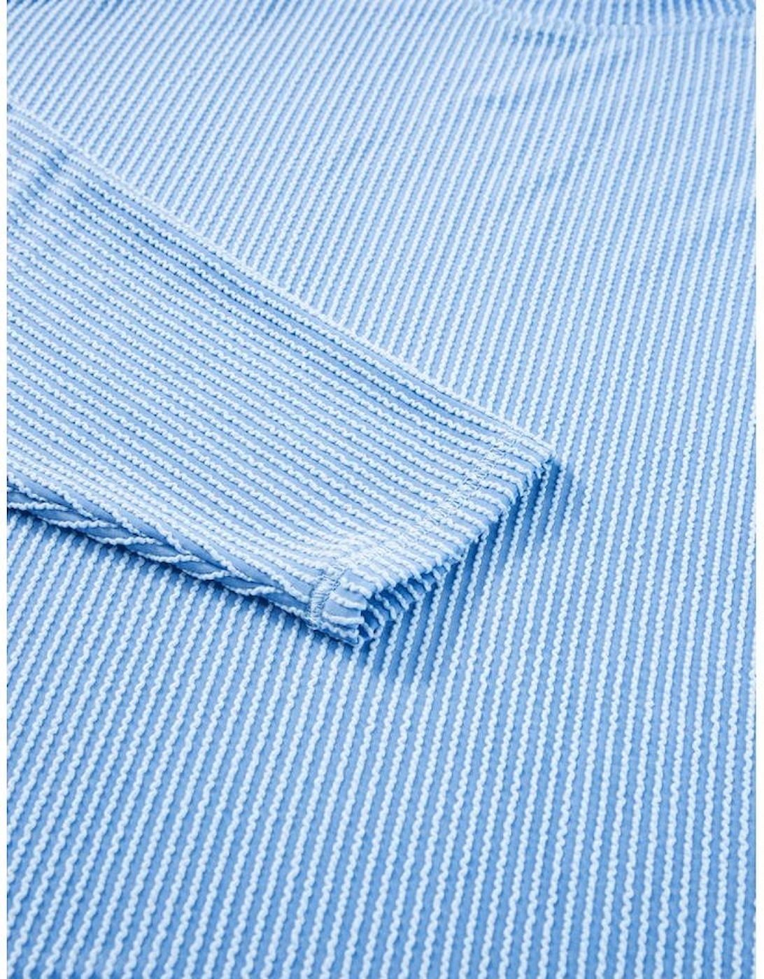 Light Blue Plus Size Ribbed Long Sleeve Top and Drawstring Shorts Set