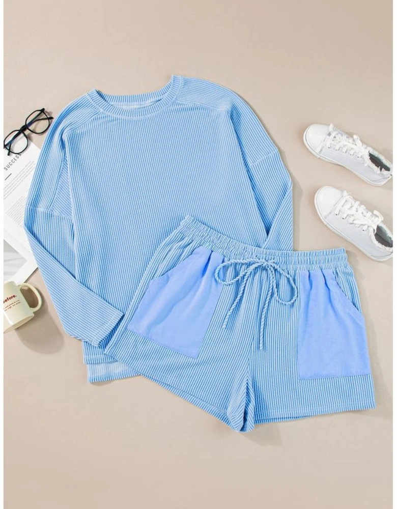 Light Blue Plus Size Ribbed Long Sleeve Top and Drawstring Shorts Set
