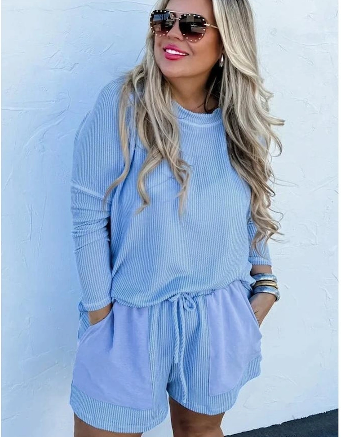 Light Blue Plus Size Ribbed Long Sleeve Top and Drawstring Shorts Set, 13 of 12